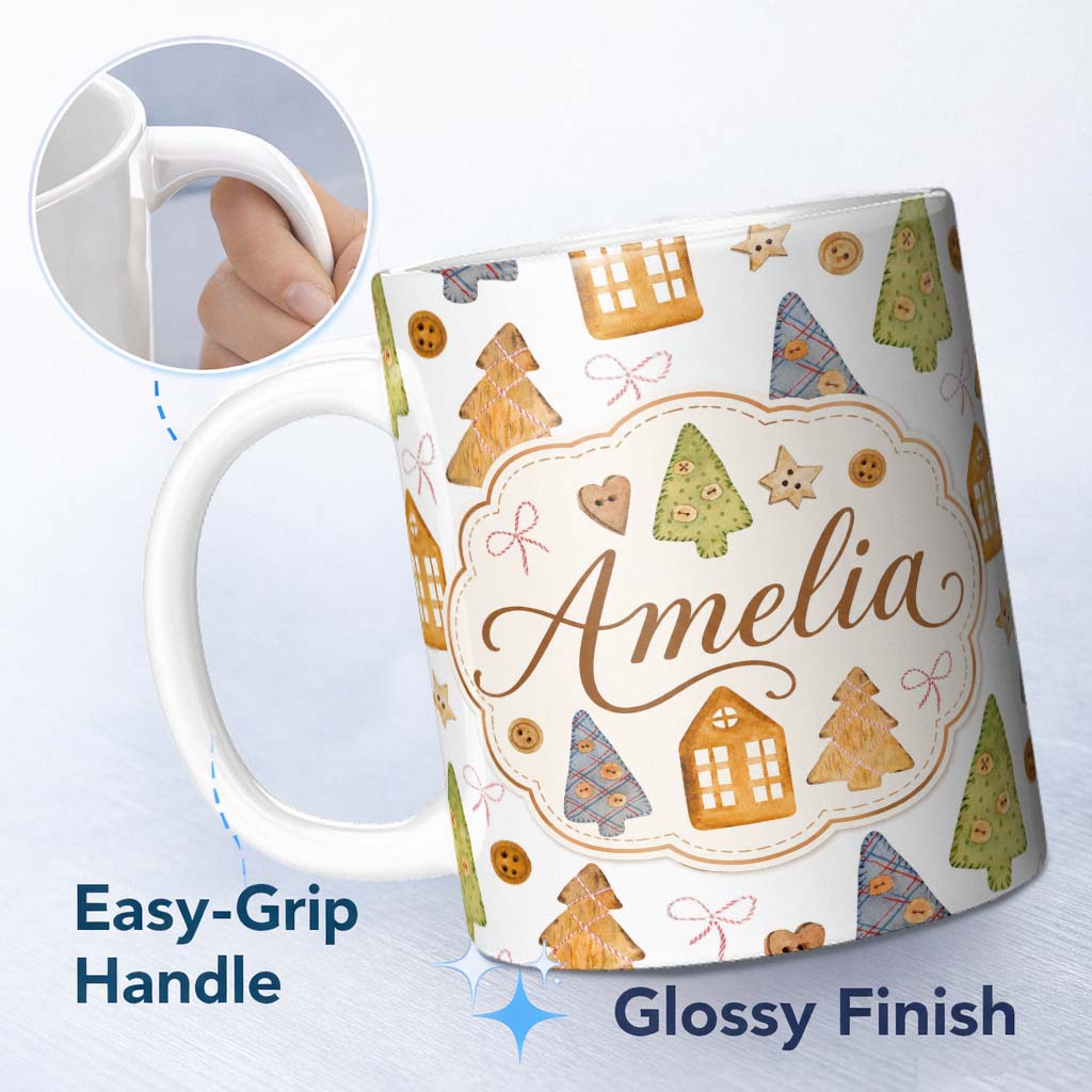Personalized Custom Name Rustic Wooden Christmas Tree House Button Craft Seamless Pattern 11oz Ceramic Coffee Tea Mug White Large Handle