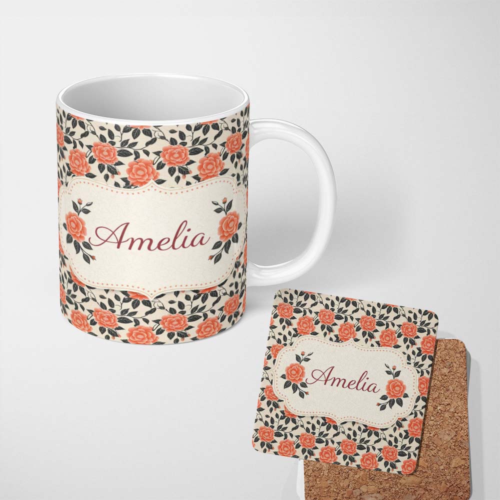 Personalized Custom Name Coral Camellia Branch Botanical Cream Background Seamless Pattern 11oz Ceramic Coffee Tea Mug White Large Handle