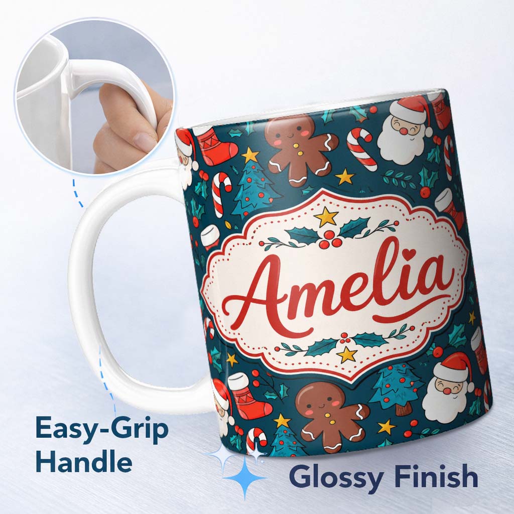 Personalized Custom Name Cute Gingerbread Santa Tree Candy Cane Seamless Pattern Design Kids 11oz Ceramic Coffee Tea Mug White Large Handle