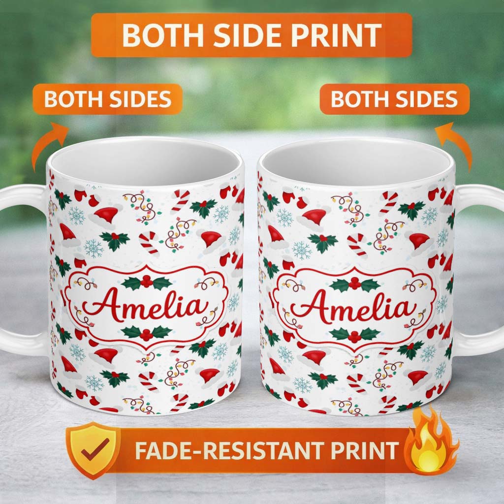 Personalized Custom Name Christmas Hat Mittens Lights Candy Cane Seamless Pattern Lovely 11oz Ceramic Coffee Tea Mug White Large Handle
