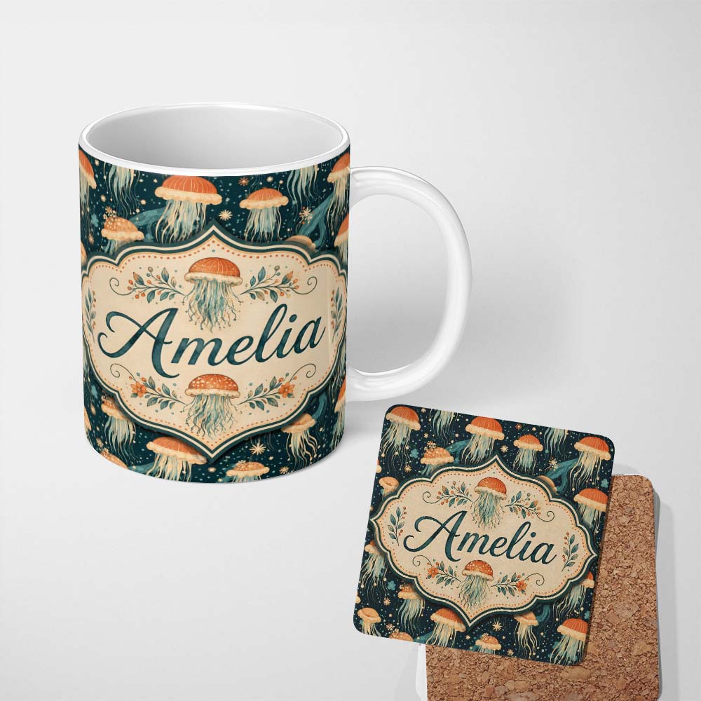 Personalized Custom Name Jellyfish with Flowing Tentacles on Dark Blue Background Lovely 11oz Ceramic Coffee Tea Mug White Large Handle