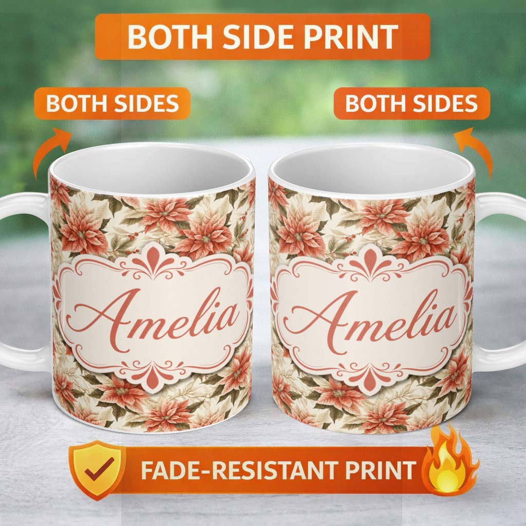 Personalized Custom Name Vintage Cream Poinsettia Floral Botanical Christmas Seamless Pattern 11oz Ceramic Coffee Tea Mug White Large Handle