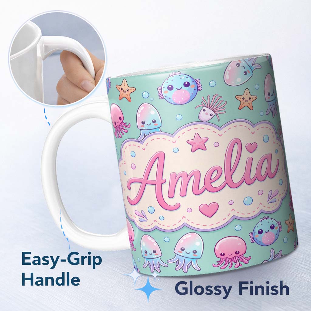 Personalized Custom Name Kawaii Jellyfish Starfish and Sea Creatures Mint Green Background 11oz Ceramic Coffee Tea Mug White Large Handle