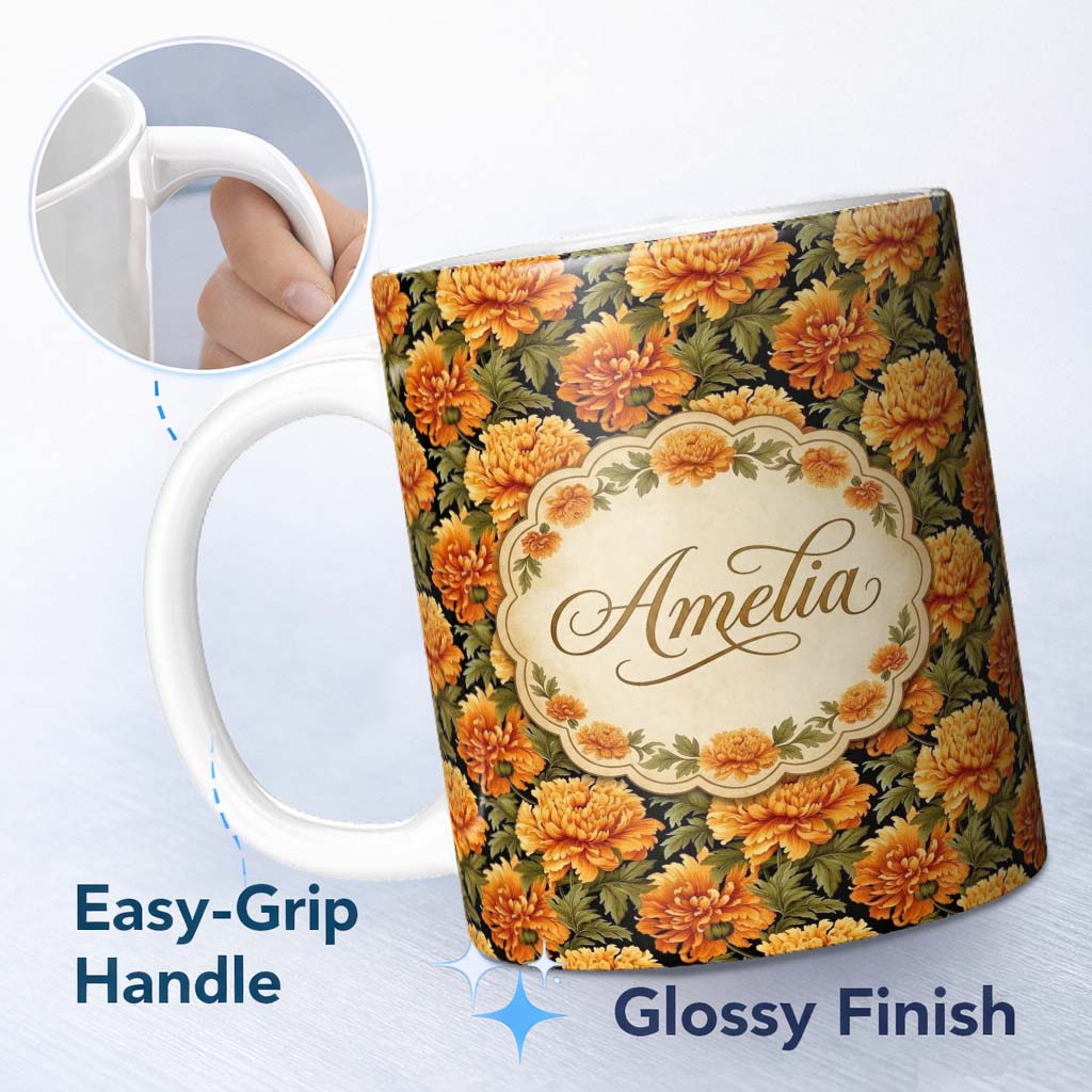 Personalized Custom Name Chrysanthemum Floral on Dark Background with High Contrast Petals 11oz Ceramic Coffee Tea Mug White Large Handle