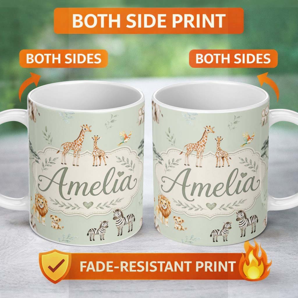 Personalized Custom Name Safari Animals Giraffe Lion Zebra on Sage Green Seamless Pattern 11oz Ceramic Coffee Tea Mug White Large Handle