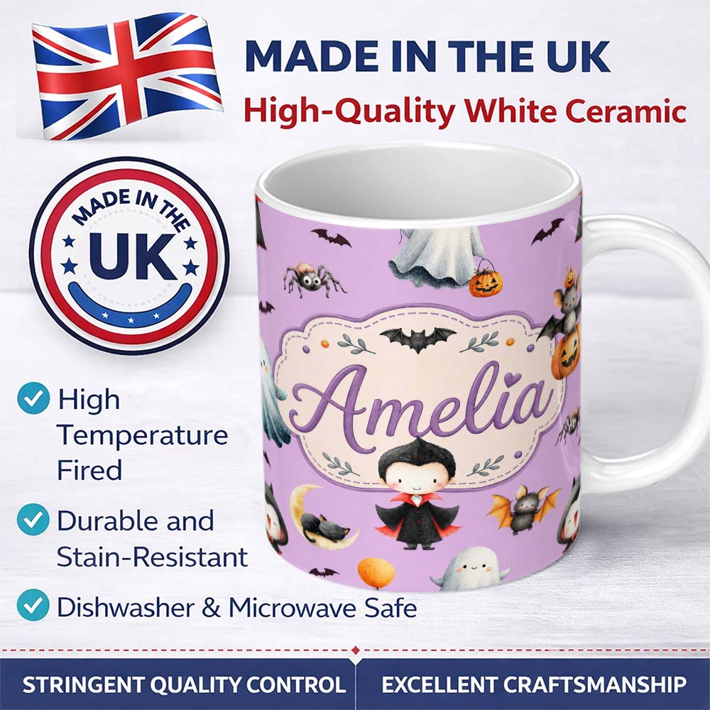 Personalized Custom Name Halloween Vampire Ghost Bat Spooky Character Purple Seamless 11oz Ceramic Coffee Tea Mug White Large Handle