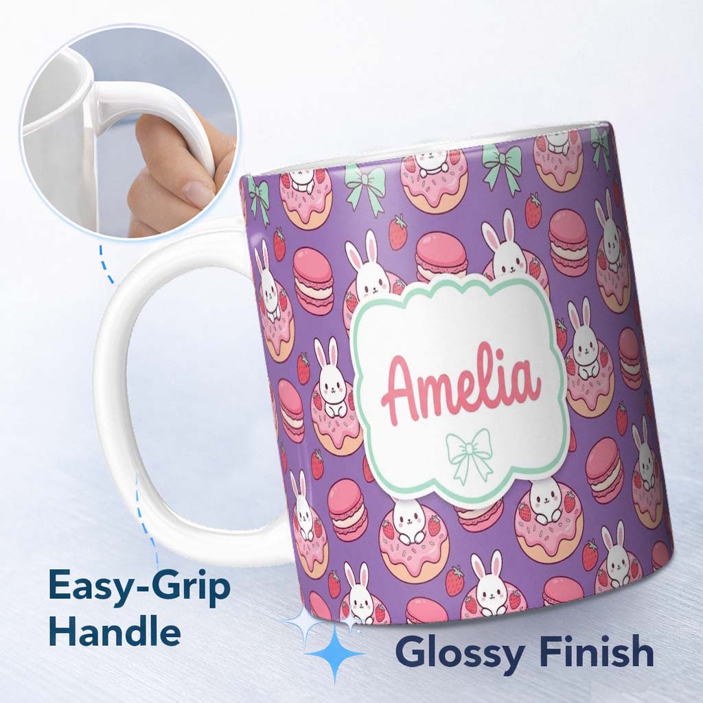 Personalized Custom Name Cute Kawaii Bunny Donuts Strawberry Dessert Seamless Pattern Purple 11oz Ceramic Coffee Tea Mug White Large Handle