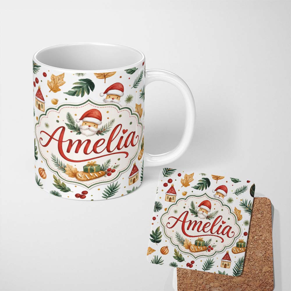 Personalized Custom Name Watercolor Christmas Leaves Santa Hat House Ornament Seamless Lovely 11oz Ceramic Coffee Tea Mug White Large Handle