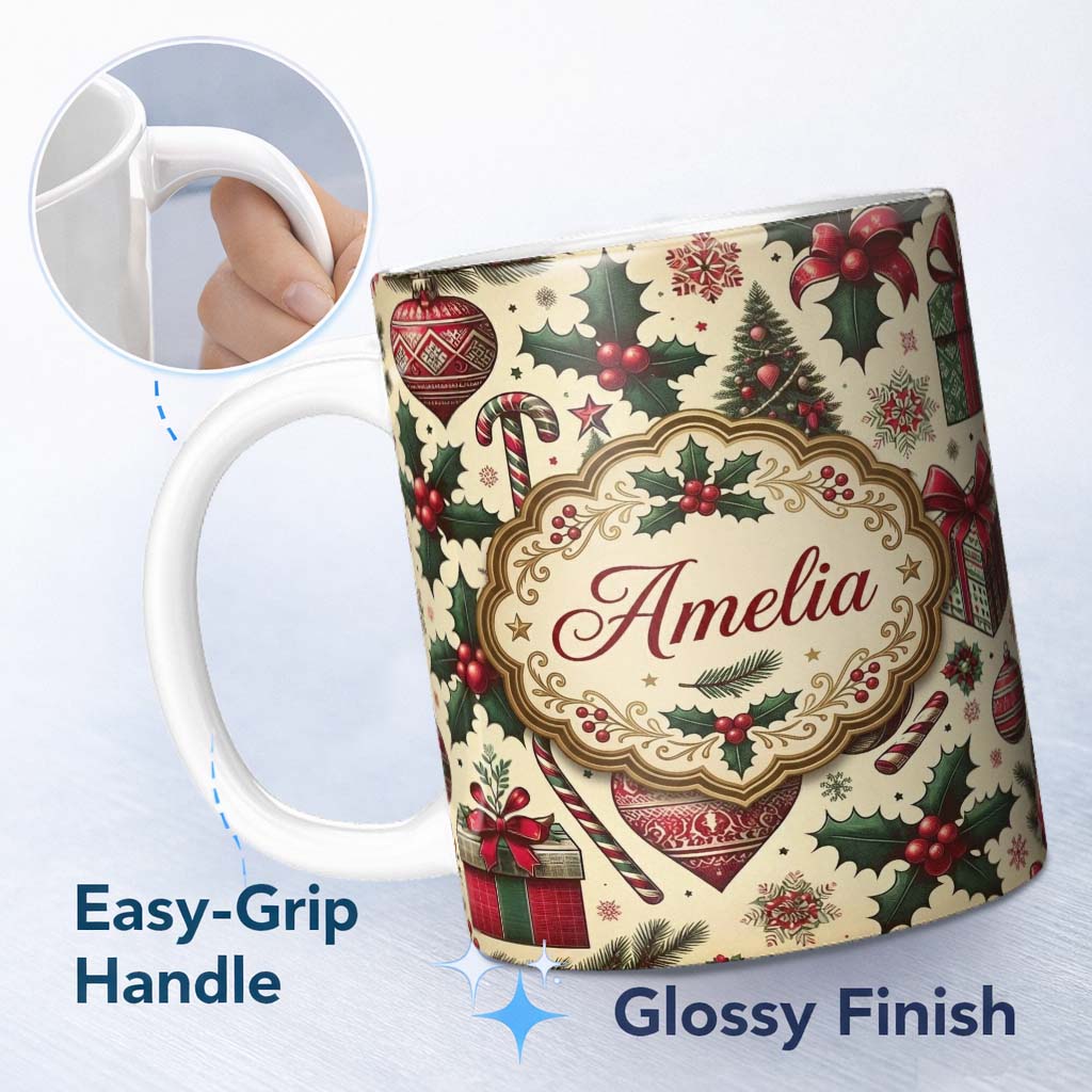 Personalized Custom Name Classic Christmas Trees Candy Canes Gifts and Holly Berry Elements 11oz Ceramic Coffee Tea Mug White Large Handle