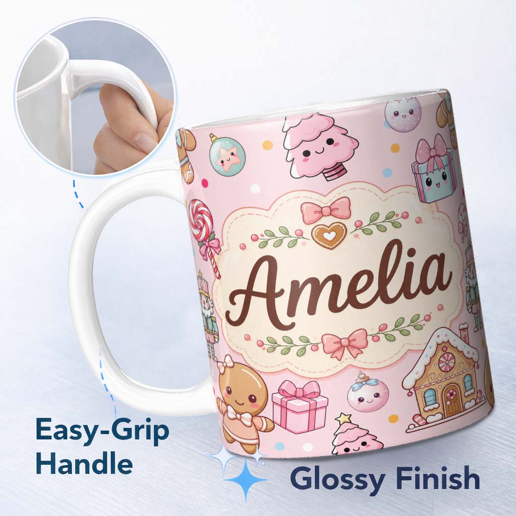 Personalized Custom Name Cute Christmas Gingerbread Candy Gift House Seamless Pattern Pink 11oz Ceramic Coffee Tea Mug White Large Handle