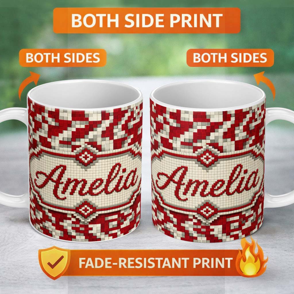 Personalized Custom Name Red White Pixel Geometric Abstract Seamless Pattern Cute Unique Gift 11oz Ceramic Coffee Tea Mug White Large Handle