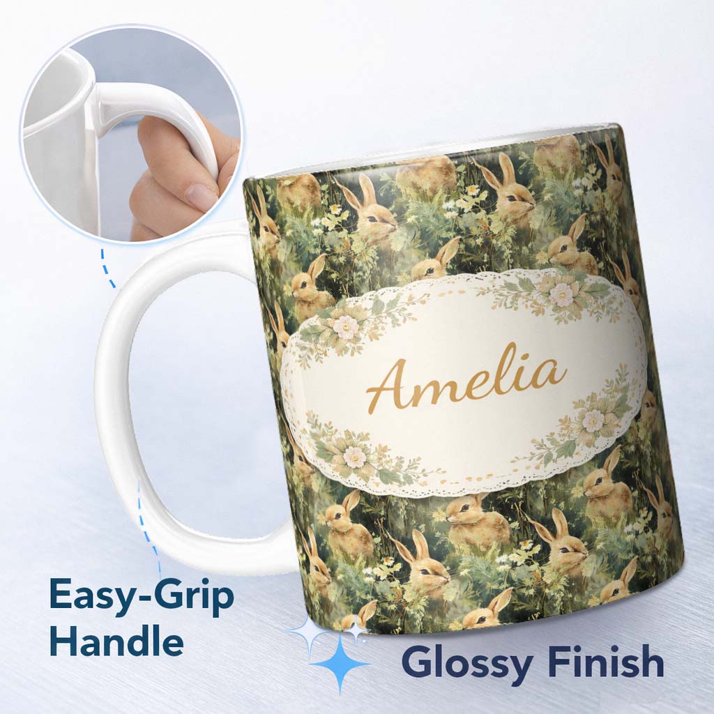 Personalized Custom Name Realistic Brown Rabbit Meadow Seamless Pattern Beautiful Coffee Cup 11oz Ceramic Coffee Tea Mug White Large Handle