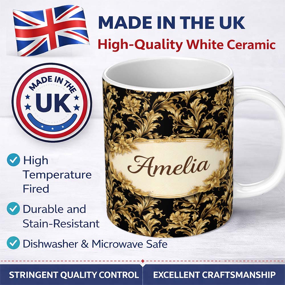 Personalized Custom Name Rich Gold Black Floral Baroque Seamless Luxury Vintage Ornamental 11oz Ceramic Coffee Tea Mug White Large Handle