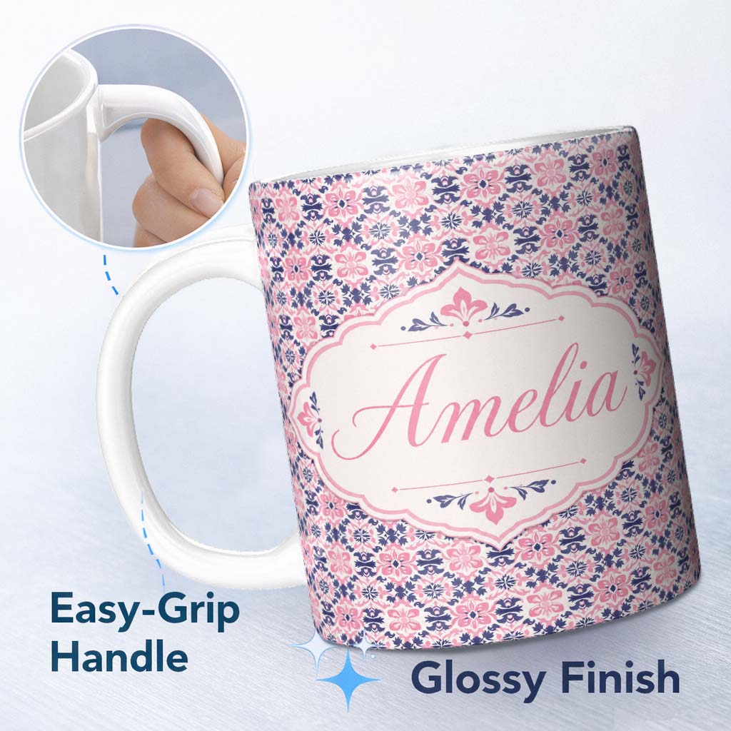 Personalized Custom Name Floral Geometric in Pink and Navy Symmetrical Design Lovely 11oz Ceramic Coffee Tea Mug White Large Handle