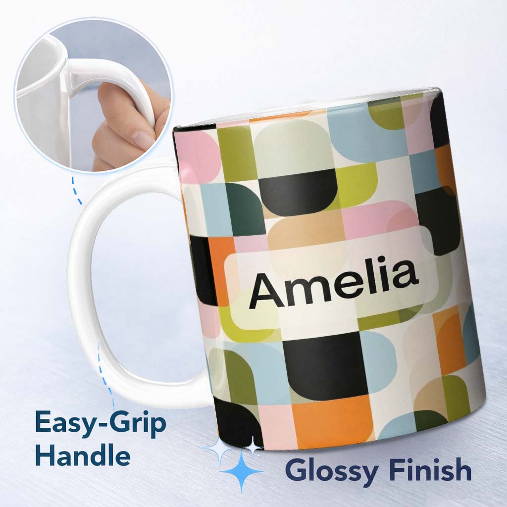 Personalized Custom Name Bold Pink and Green Geometric Floral Pattern Seamless Design Lovely 11oz Ceramic Coffee Tea Mug White Large Handle