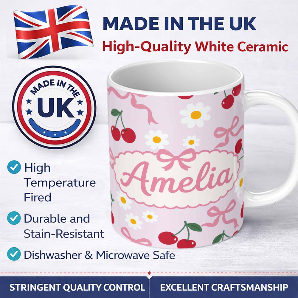 Personalized Custom Name Cute Cherry Bow and Daisy Seamless Pattern on Lavender Lovely 11oz Ceramic Coffee Tea Mug White Large Handle