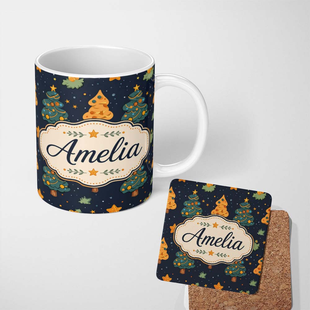 Personalized Custom Name Cute Cartoon Christmas Trees Stars Navy Night Seamless Pattern 11oz Ceramic Coffee Tea Mug White Large Handle