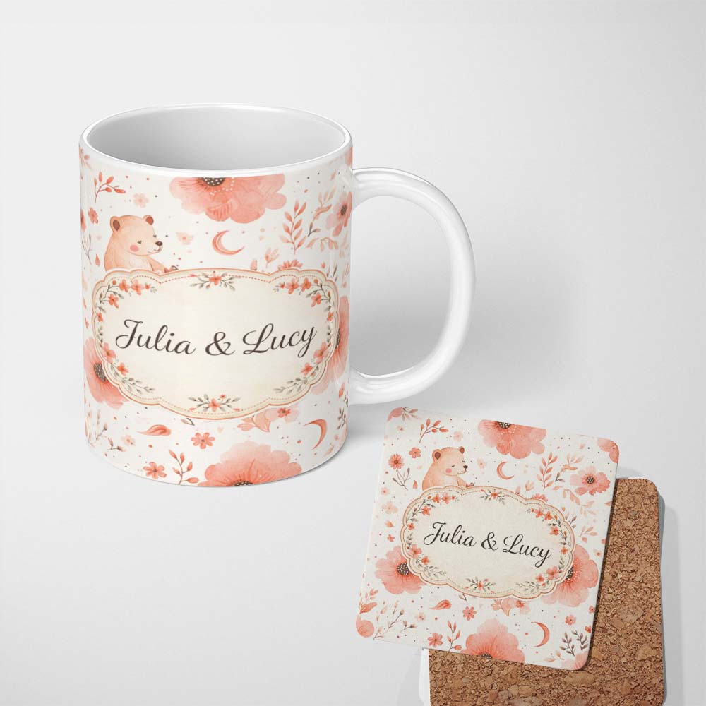Personalized Custom Name Cute Teddy Bear Floral Nursery Pattern Soft Watercolour Illustration 11oz Ceramic Coffee Tea Mug White Large Handle