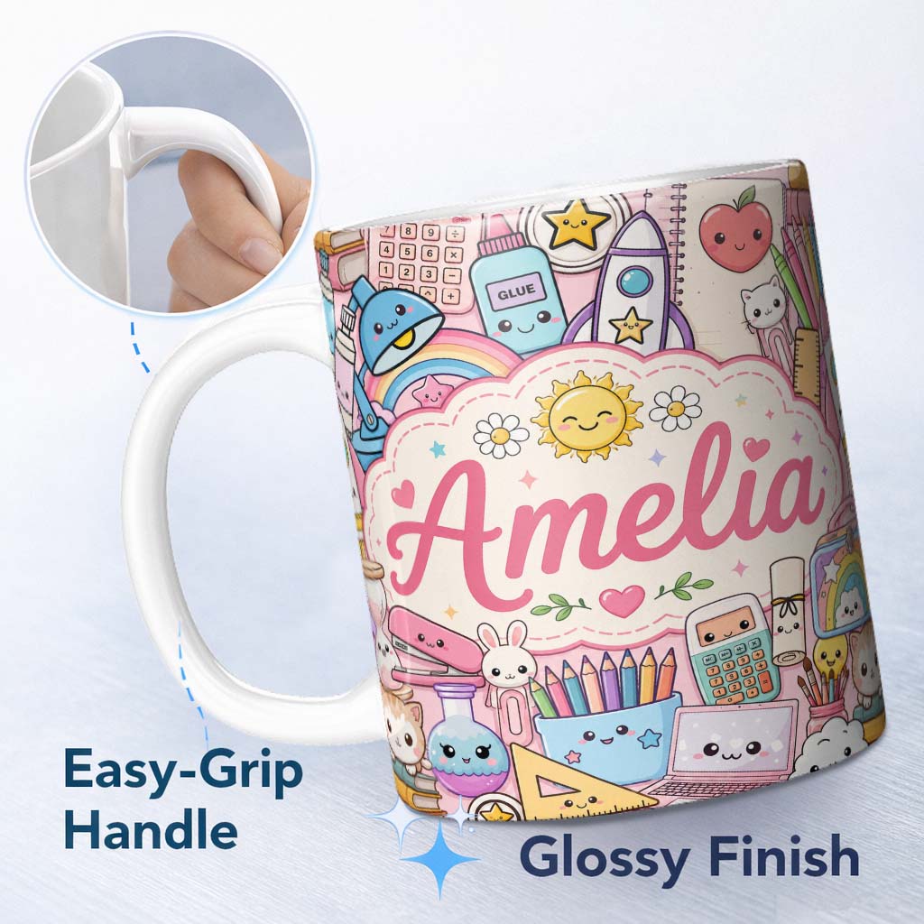 Personalized Custom Name Cute Kawaii School Supplies Science Art Cute Pattern Pink Background 11oz Ceramic Coffee Tea Mug White Large Handle