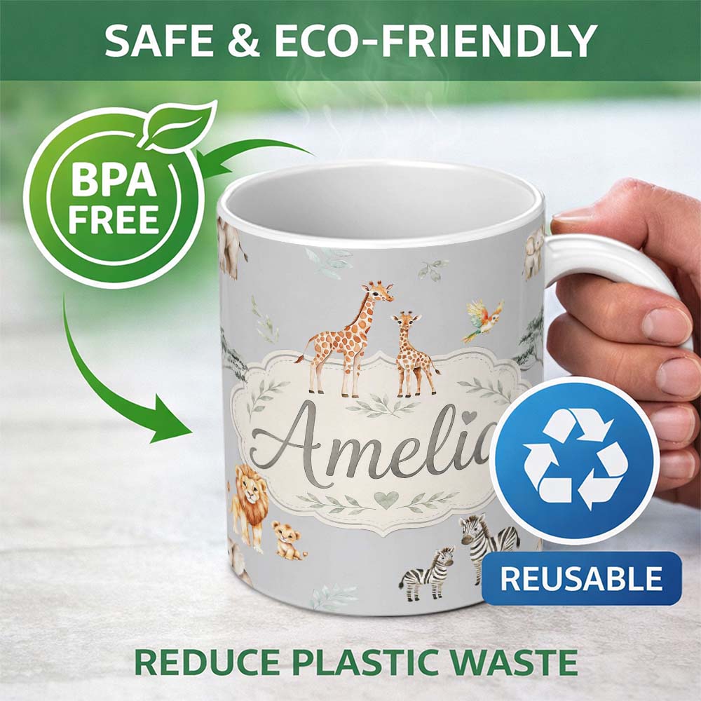 Personalized Custom Name Cute Safari Animals Giraffe Lion Zebra on Grey Background Seamless 11oz Ceramic Coffee Tea Mug White Large Handle