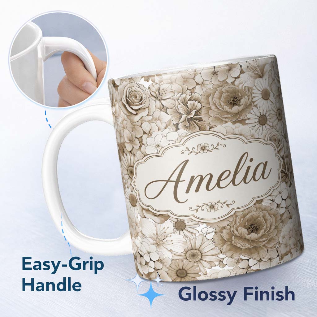Personalized Custom Name Vintage Sepia Floral Bouquet Seamless Pattern with Roses Peonies and 11oz Ceramic Coffee Tea Mug White Large Handle