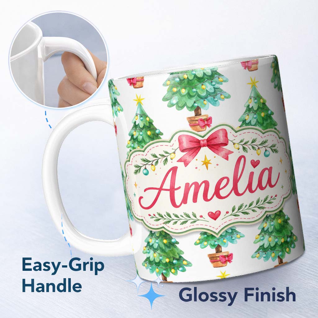 Personalized Custom Name Watercolor Christmas Trees with Lights and Stars Cute Seamless 11oz Ceramic Coffee Tea Mug White Large Handle