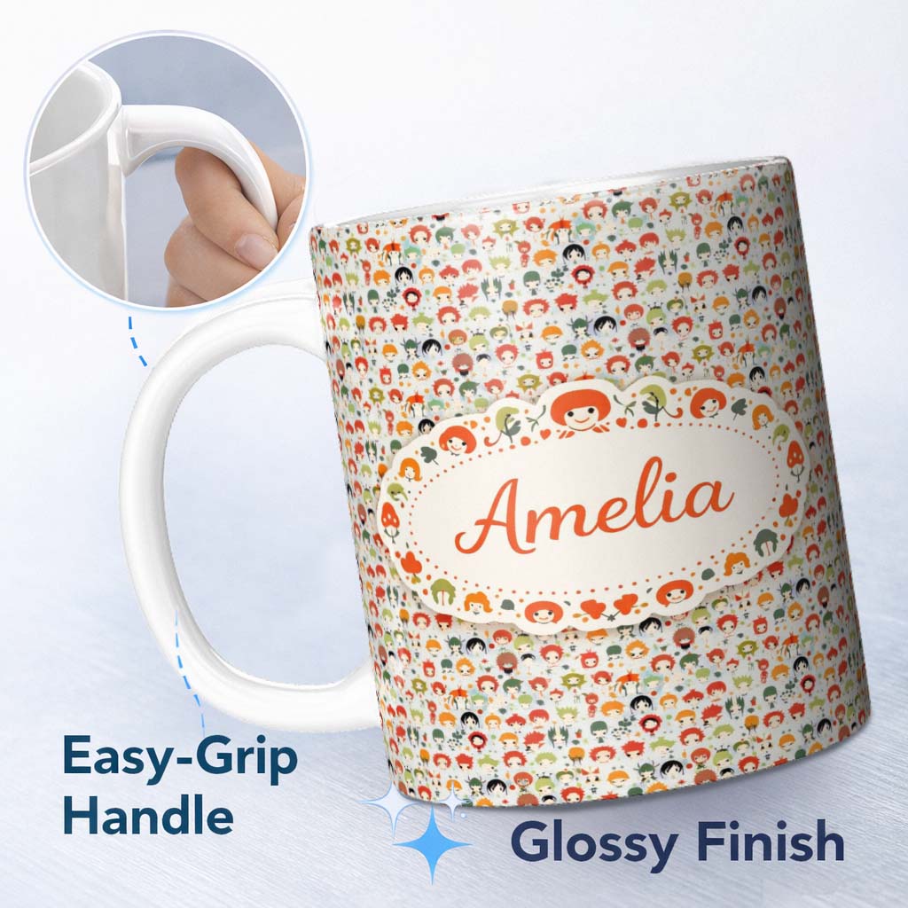 Personalized Custom Name Chibi Cartoon Character Mixed Pattern Cute Kids Design Lovely 11oz Ceramic Coffee Tea Mug White Large Handle