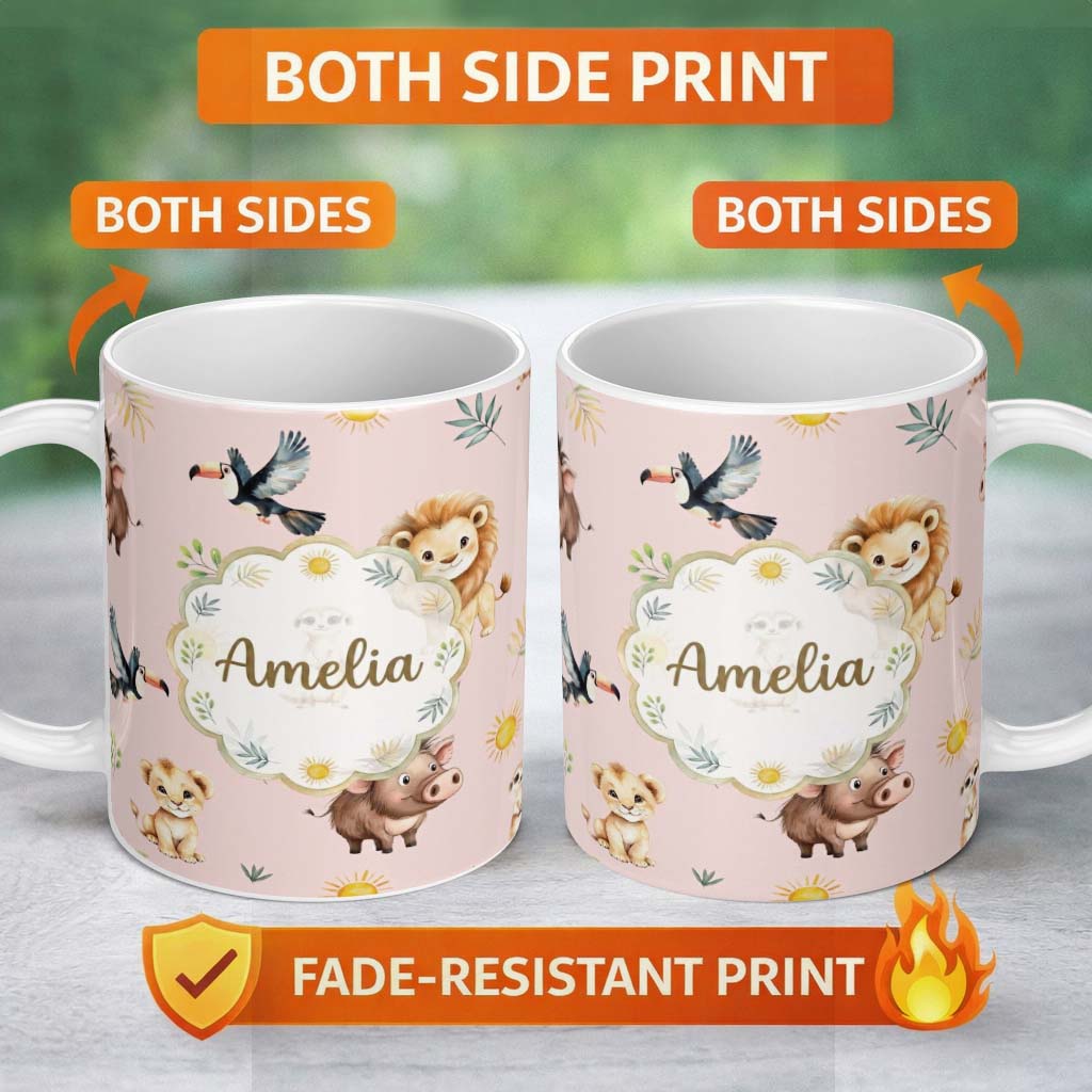 Personalized Custom Name Jungle Animals Lion Meerkat Toucan Boar on Blush Pink Seamless 11oz Ceramic Coffee Tea Mug White Large Handle