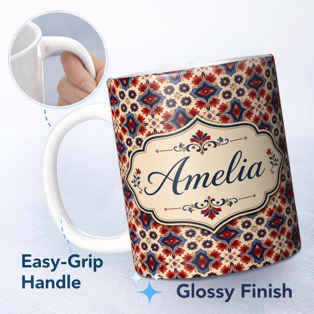 Personalized Custom Name Red Blue Geometric Floral Tile Seamless Pattern Stylish Everyday Mug 11oz Ceramic Coffee Tea Mug White Large Handle