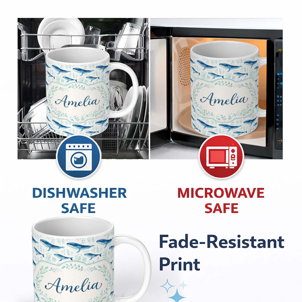Personalized Custom Name Watercolor Blue Whale Seaweed Seamless Pattern Marine Ocean Design 11oz Ceramic Coffee Tea Mug White Large Handle