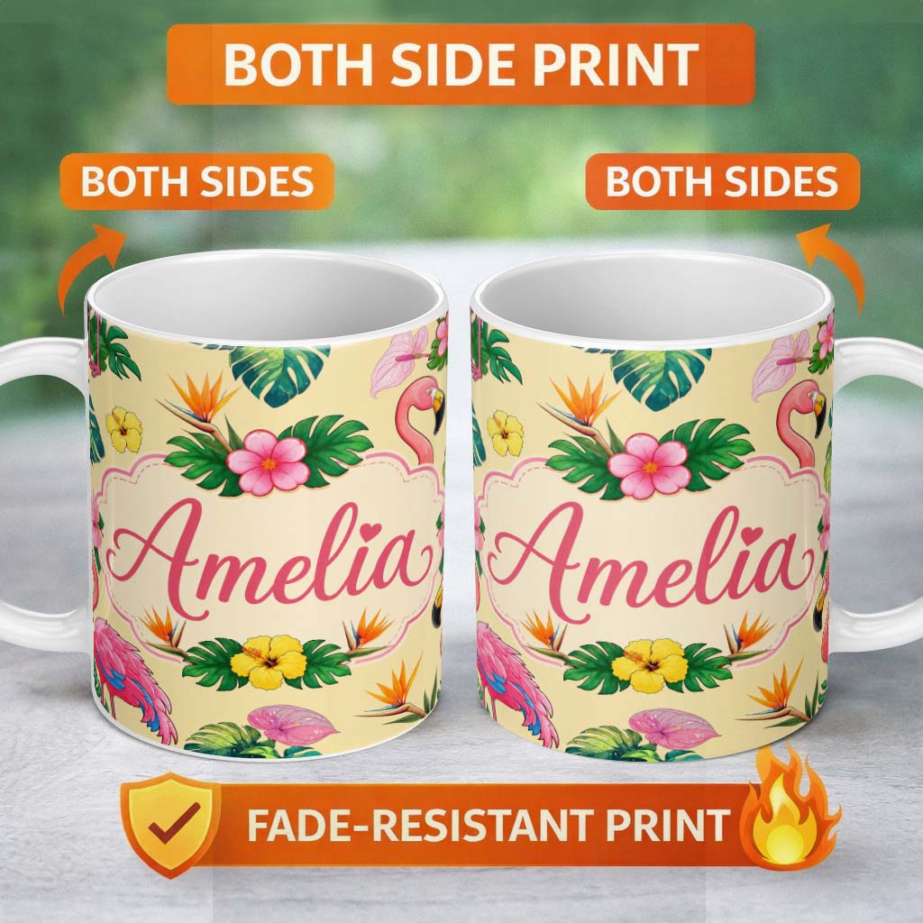 Personalized Custom Name Tropical Flamingo Bird with Exotic Flowers Leaves Pattern Yellow 11oz Ceramic Coffee Tea Mug White Large Handle