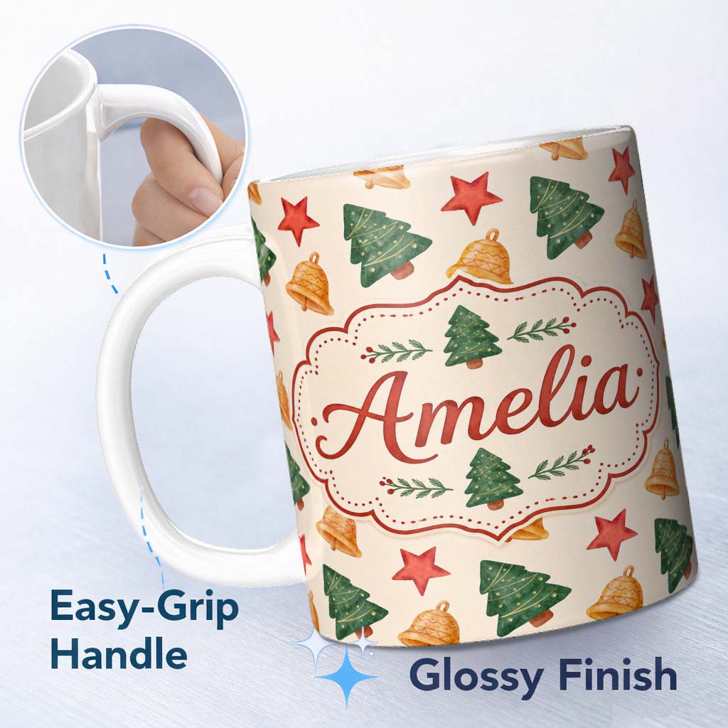 Personalized Custom Name Watercolor Christmas Bells Stars and Trees Seamless Pattern Lovely 11oz Ceramic Coffee Tea Mug White Large Handle