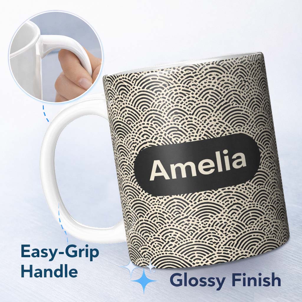Personalized Custom Name Wave Line Texture Black Cream Flowing Abstract Stripe Pattern Lovely 11oz Ceramic Coffee Tea Mug White Large Handle