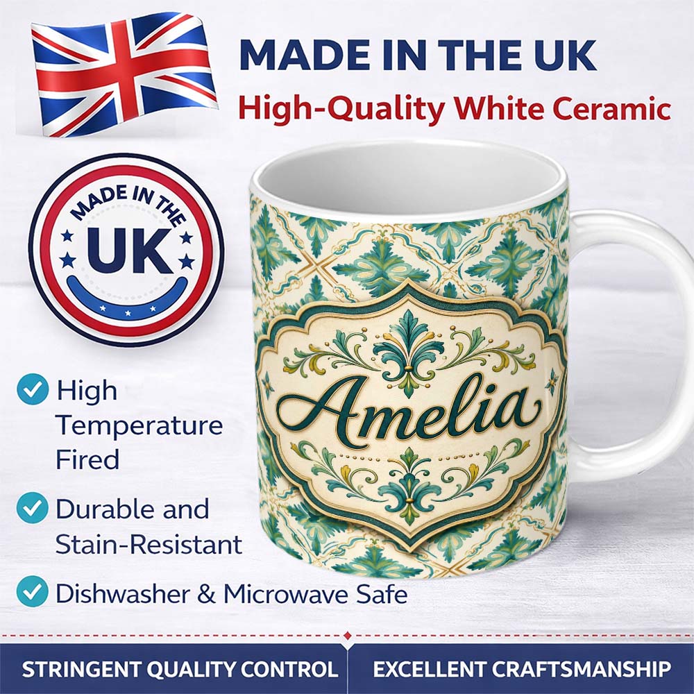 Personalized Custom Name Elegant Geometric Floral Tile Green and Gold Seamless Pattern Lovely 11oz Ceramic Coffee Tea Mug White Large Handle