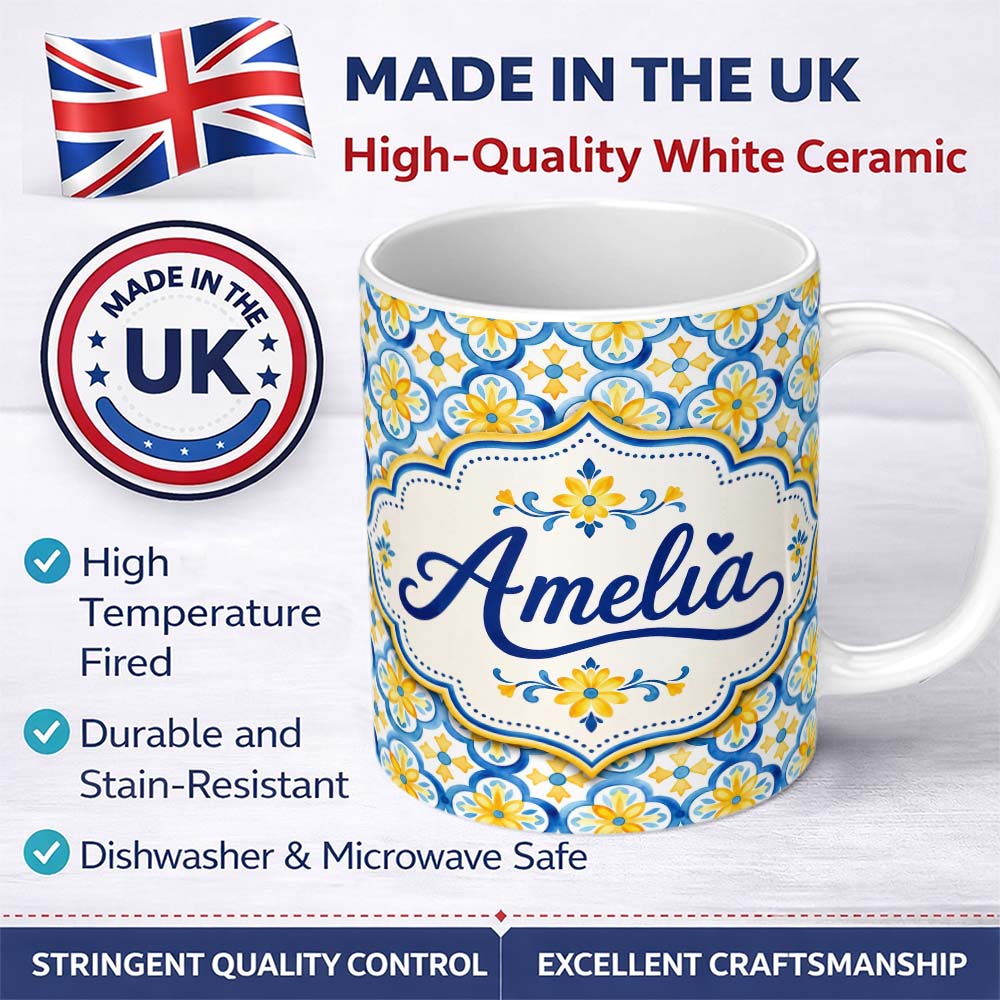 Personalized Custom Name Blue and Yellow Mediterranean Tile Pattern with Floral Motifs Lovely 11oz Ceramic Coffee Tea Mug White Large Handle