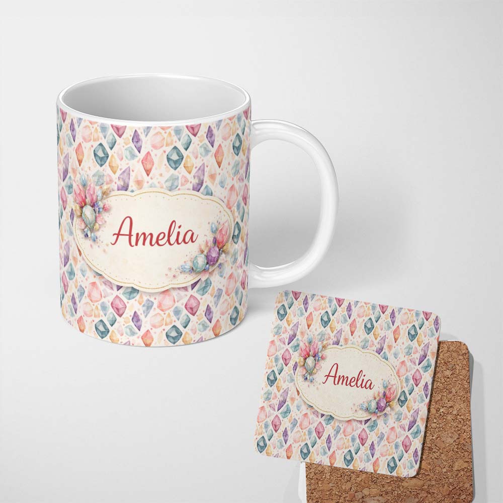 Personalized Custom Name Multicolor Pastel Crystal Seamless Pattern Soft Background Abstract 11oz Ceramic Coffee Tea Mug White Large Handle