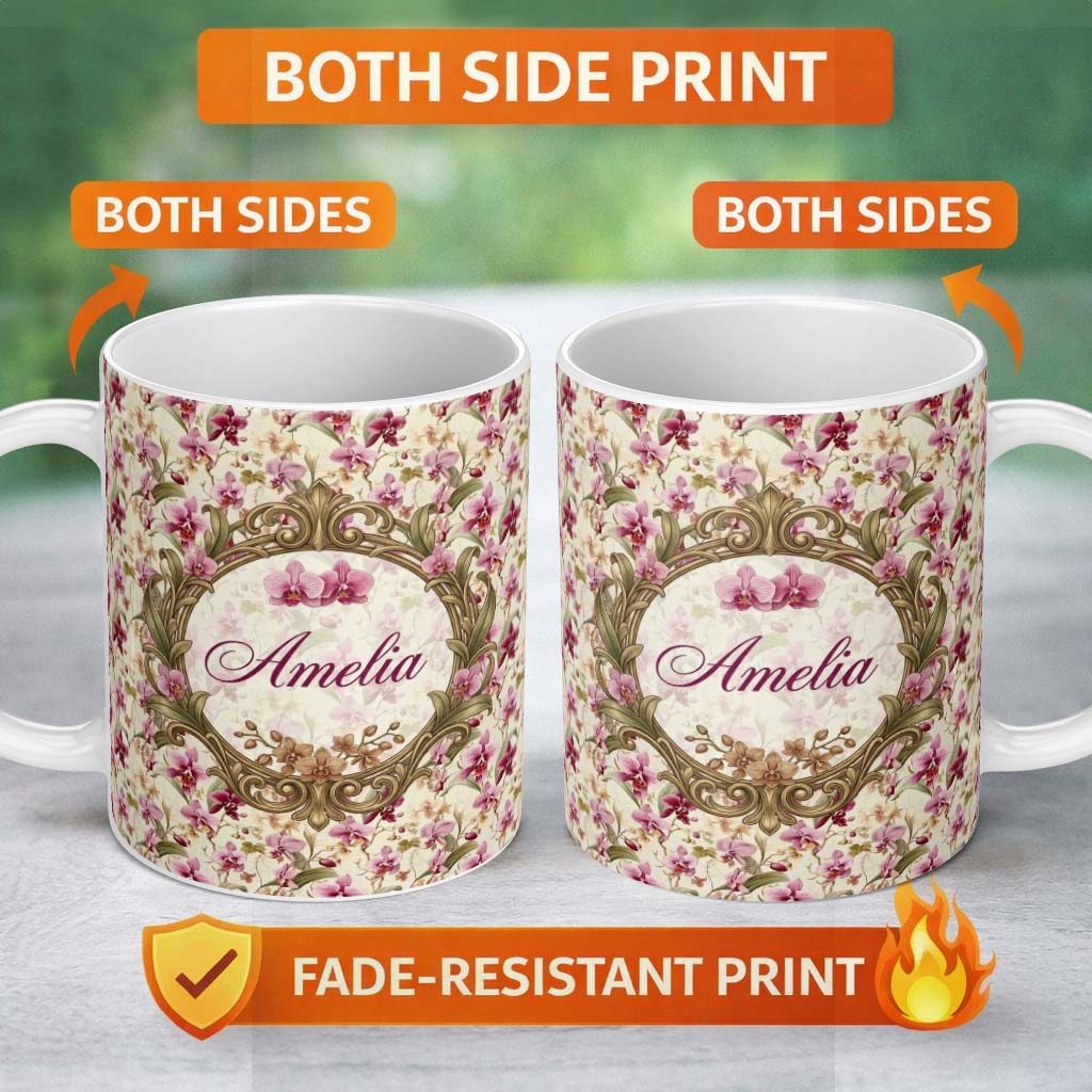 Personalized Custom Name Pink Orchid Garden Floral Pattern on Light Cream Background Lovely 11oz Ceramic Coffee Tea Mug White Large Handle