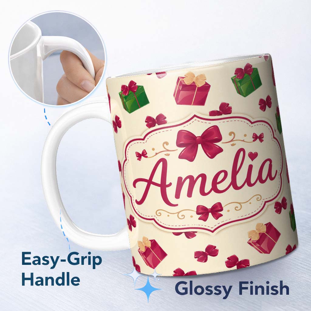 Personalized Custom Name Cute Gift Box Ribbon Bow Festive Seamless Pattern Cute Unique Gift 11oz Ceramic Coffee Tea Mug White Large Handle