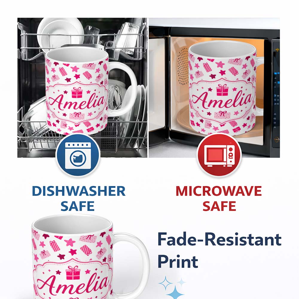 Personalized Custom Name Cute Pink Gift Box Star Festive Seamless Pattern Cute Unique Gift 11oz Ceramic Coffee Tea Mug White Large Handle