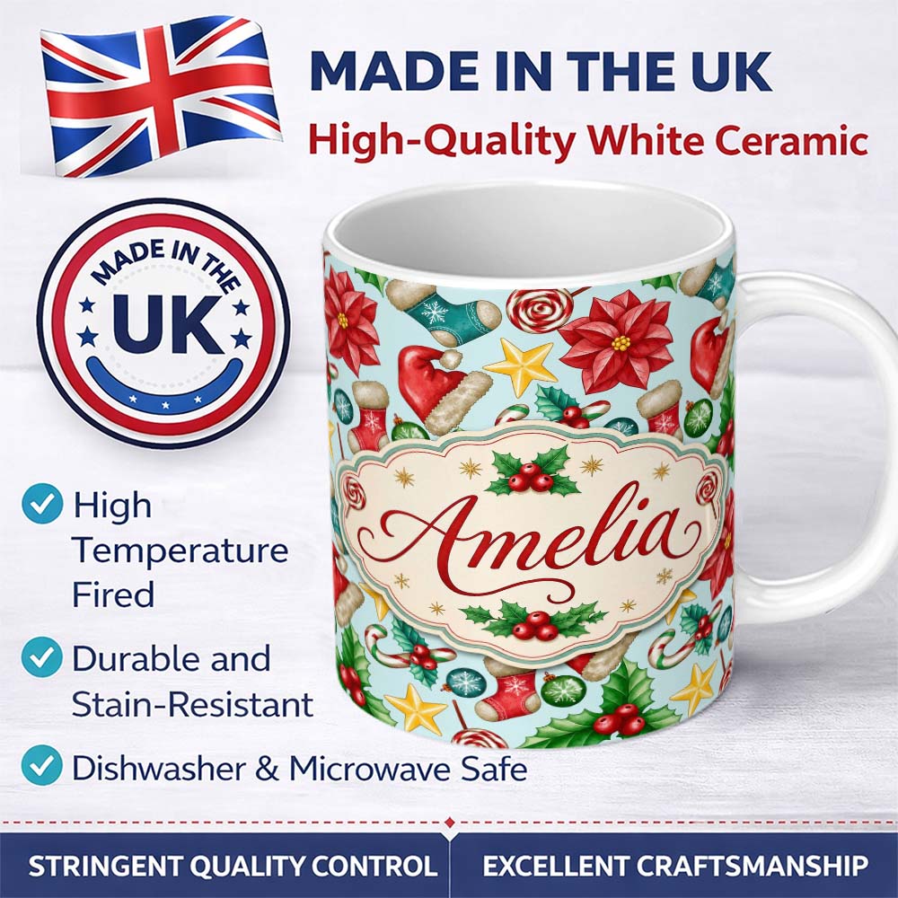 Personalized Custom Name Bright Christmas Poinsettia Candy Cane Holly Festive Seamless Lovely 11oz Ceramic Coffee Tea Mug White Large Handle