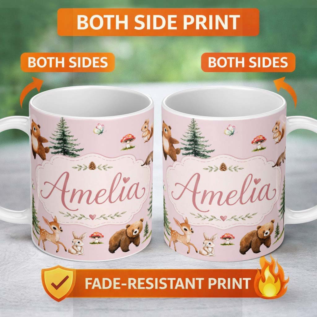 Personalized Custom Name Bear Bunny Deer Squirrel Trees Mushrooms Butterfly Soft Pink 11oz Ceramic Coffee Tea Mug White Large Handle