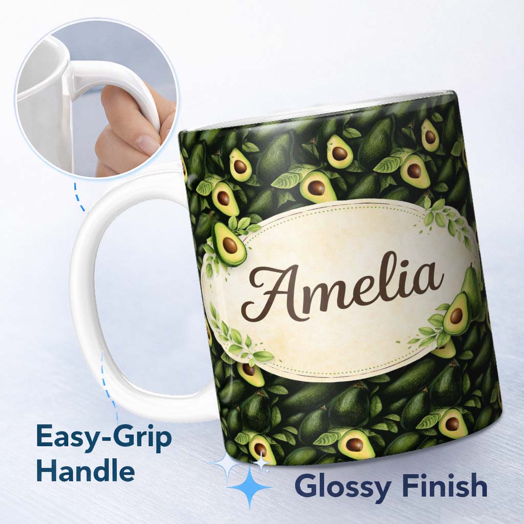 Personalized Custom Name Watercolor Avocado Leaf Pattern Perfect Gift for Her Lovely 11oz Ceramic Coffee Tea Mug White Large Handle