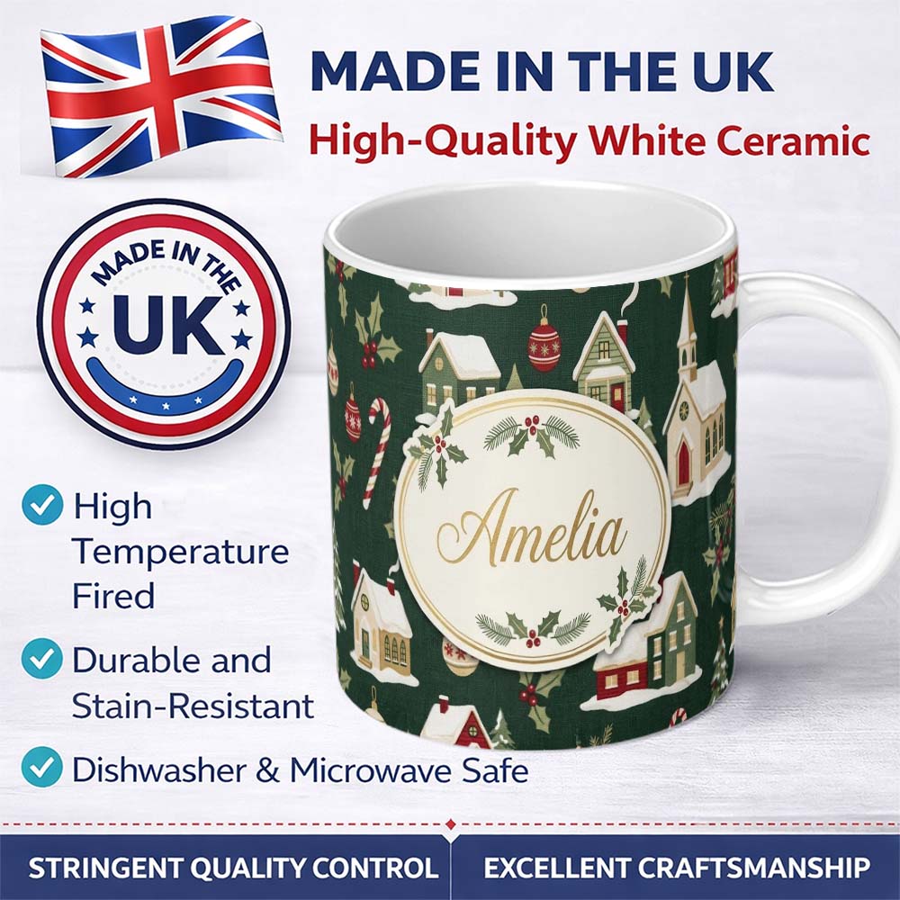 Personalized Custom Name Dark Vintage Christmas Village Houses Snowy Scene and Ornaments 11oz Ceramic Coffee Tea Mug White Large Handle