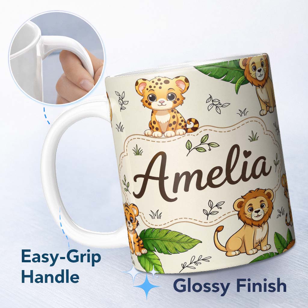 Personalized Custom Name Cute Jungle Animals Lion Tiger Leopard Tropical Leaves Cream Lovely 11oz Ceramic Coffee Tea Mug White Large Handle