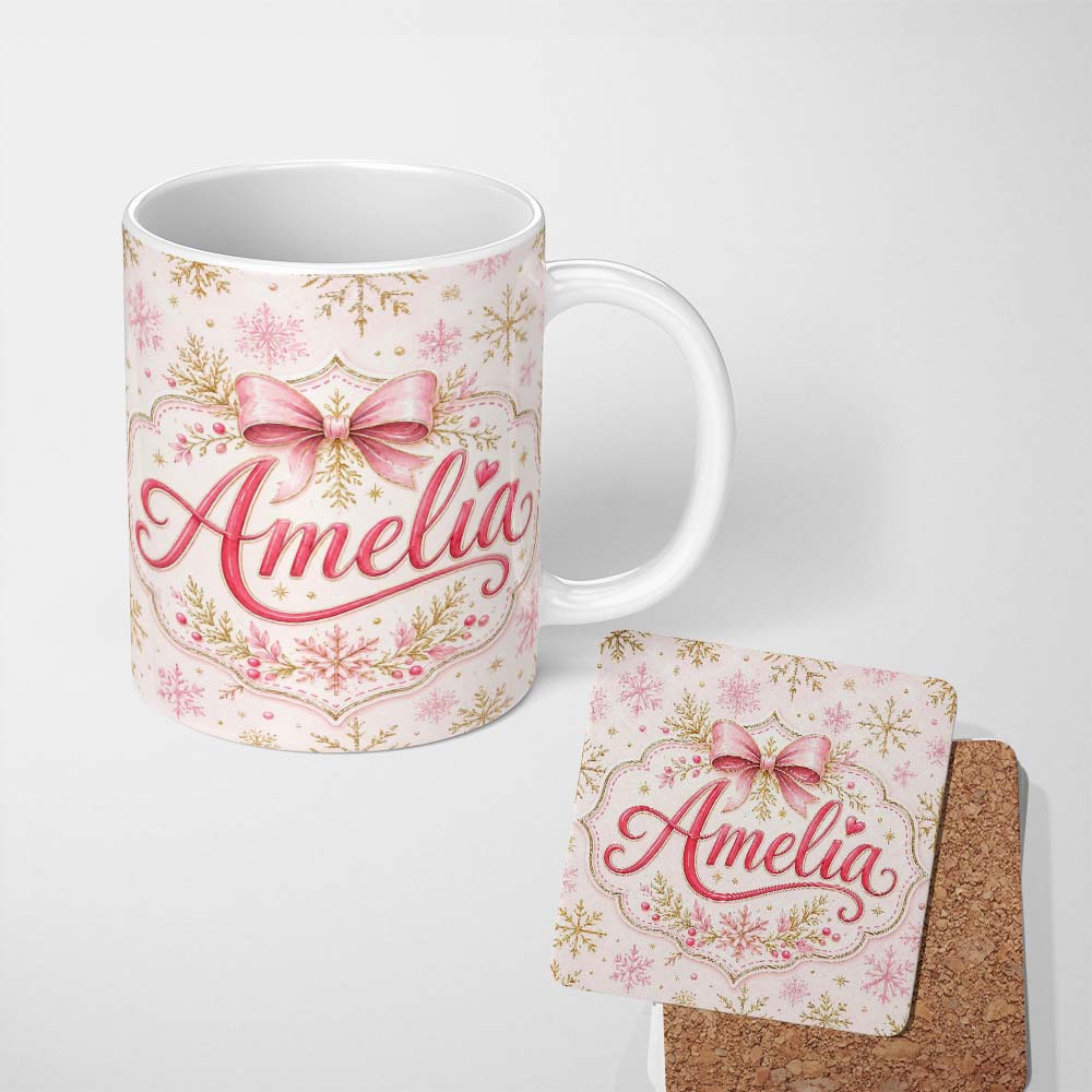 Personalized Custom Name Elegant Gold Snowflake Pink Winter Festive Seamless Pattern Lovely 11oz Ceramic Coffee Tea Mug White Large Handle