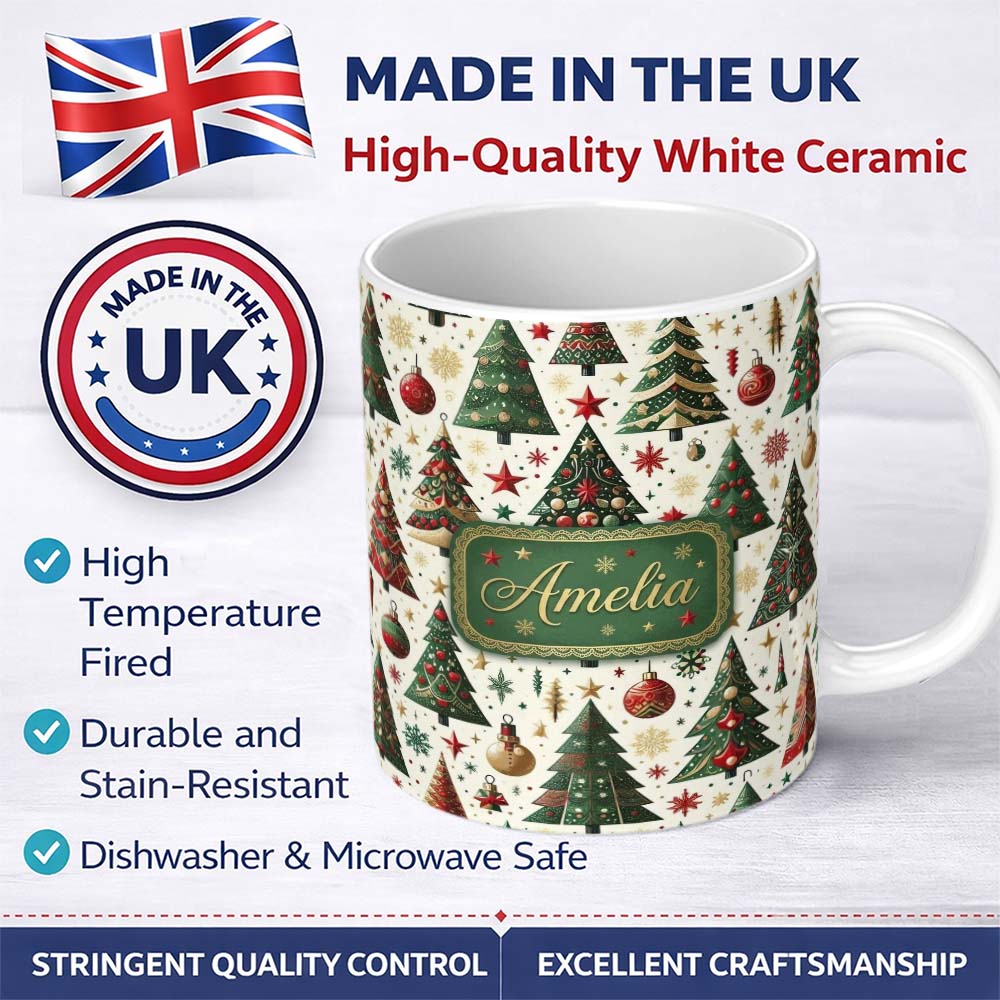 Personalized Custom Name Classic Christmas Tree Ornaments and Festive Decor Seamless Pattern 11oz Ceramic Coffee Tea Mug White Large Handle