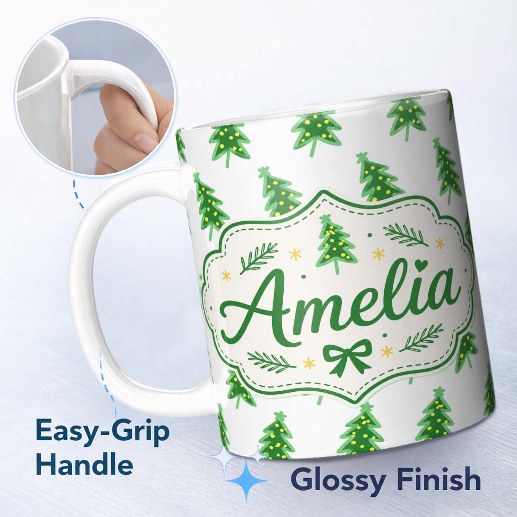 Personalized Custom Name Minimal Christmas Trees with Yellow Lights Simple Cute Seamless 11oz Ceramic Coffee Tea Mug White Large Handle