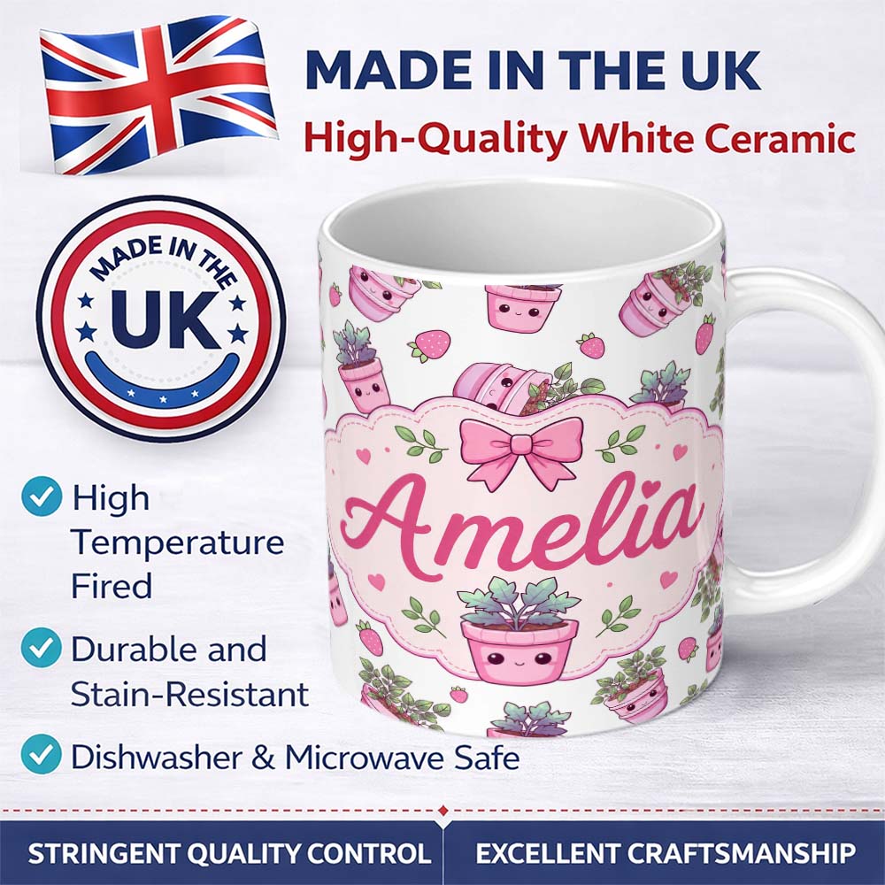 Personalized Custom Name Cute Pink Plant Pots Leaves Strawberry Seamless Pattern Light Grey 11oz Ceramic Coffee Tea Mug White Large Handle