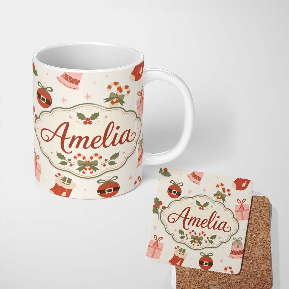 Personalized Custom Name Cute Christmas Stocking Candy Cane Bells Festive Seamless Pattern 11oz Ceramic Coffee Tea Mug White Large Handle