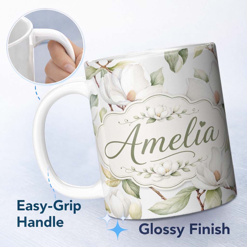 Personalized Custom Name Realistic White Magnolia Bloom and Leaves Seamless Pattern Lovely 11oz Ceramic Coffee Tea Mug White Large Handle